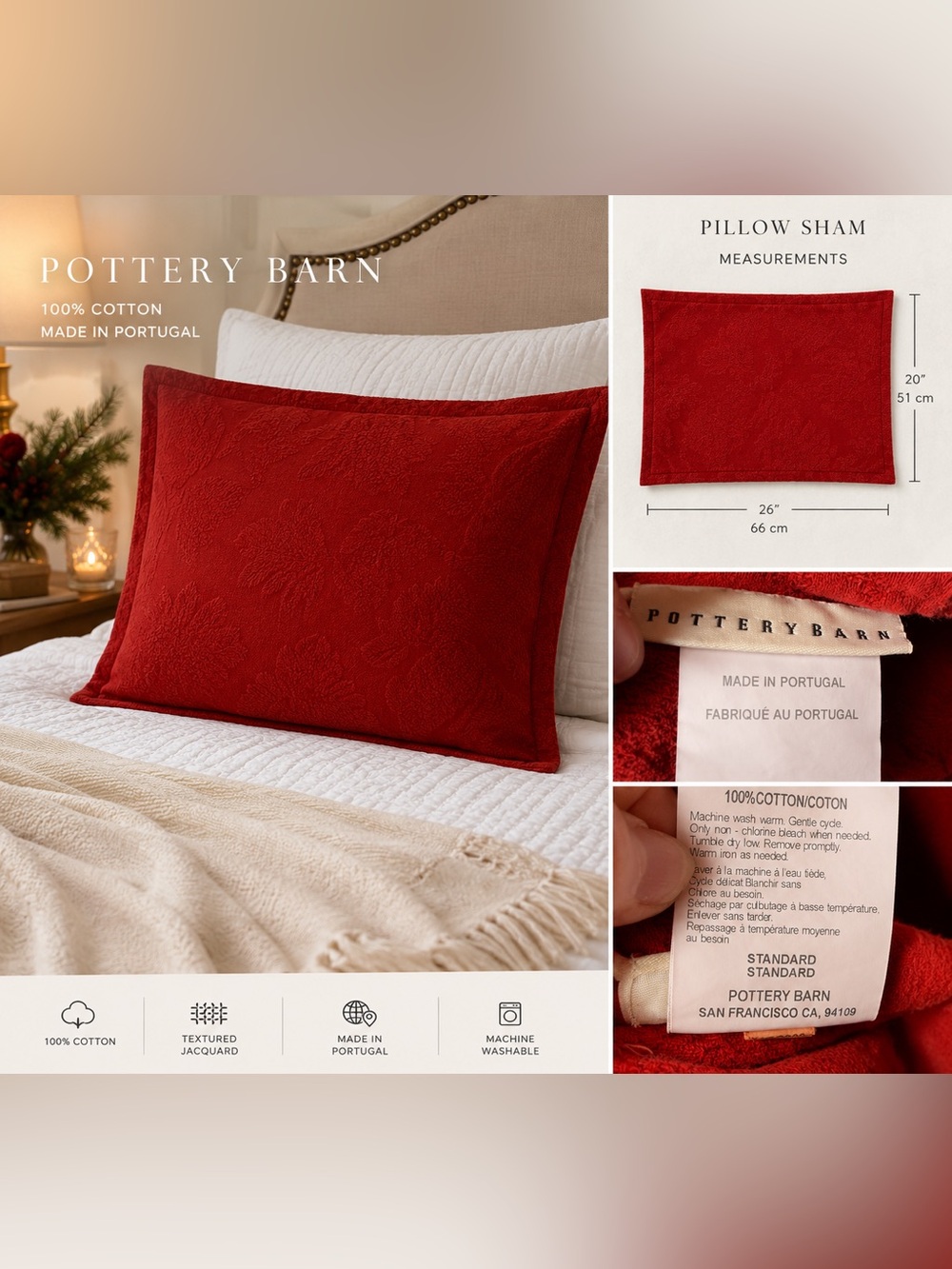 Pottery Barn Red Jacquard Pillow Sham Standard Size 100% Cotton Made in Portugal